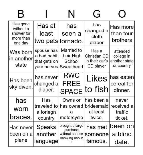 RWC Marriage Ministry BINGO Card