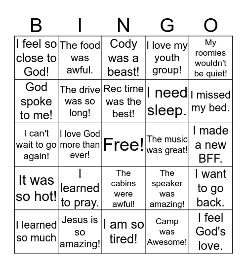 Youth Group Camp Report Service Bingo Card