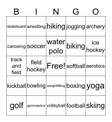 Fitness Bingo Card