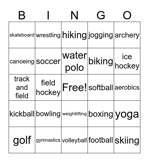 Fitness Bingo Card