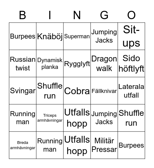 Tränings Bingo  Bingo Card