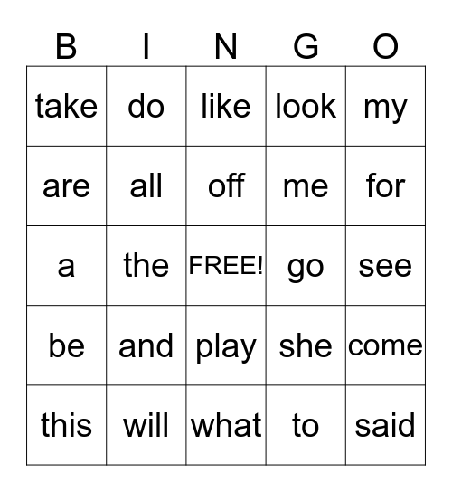 Kindergaten Bingo Card
