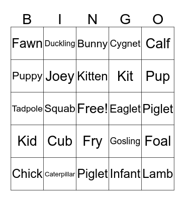 Animal Baby Name Bingo Card