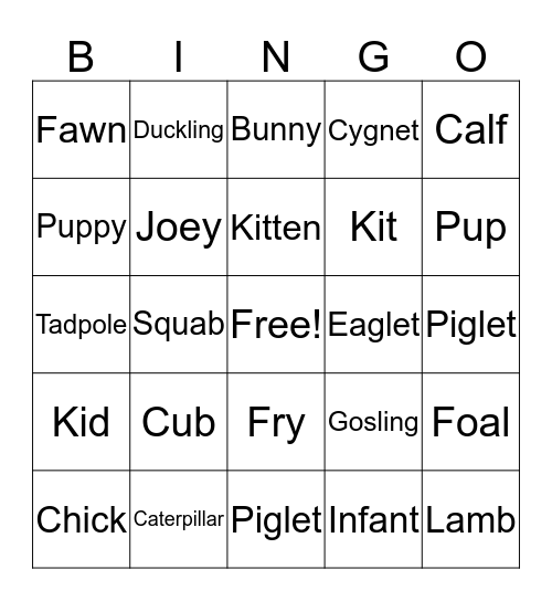 Animal Baby Name Bingo Card