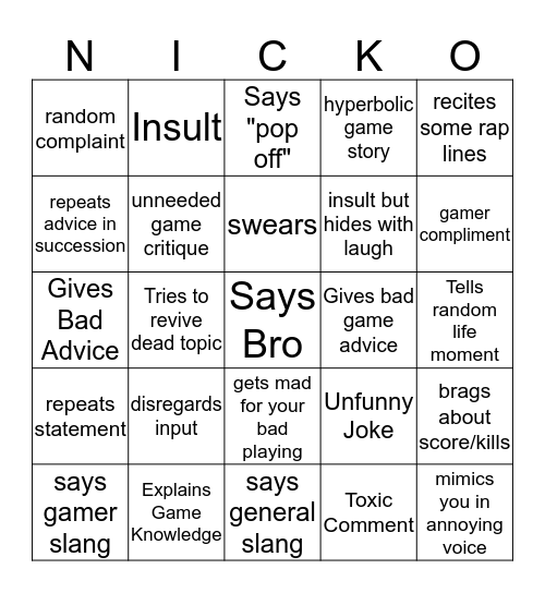 Nick Bingo Card