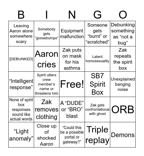 Ghost Adventures Bingo Card