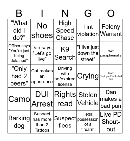 LIVE PD Bingo Card