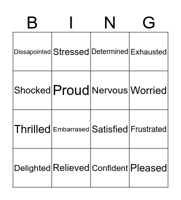 Feelings Adjectives Bingo Card