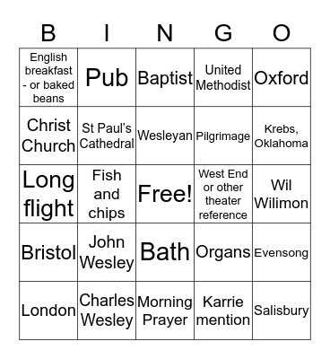 Rev JD Ward Returns from His Pilgrimage Bingo Card
