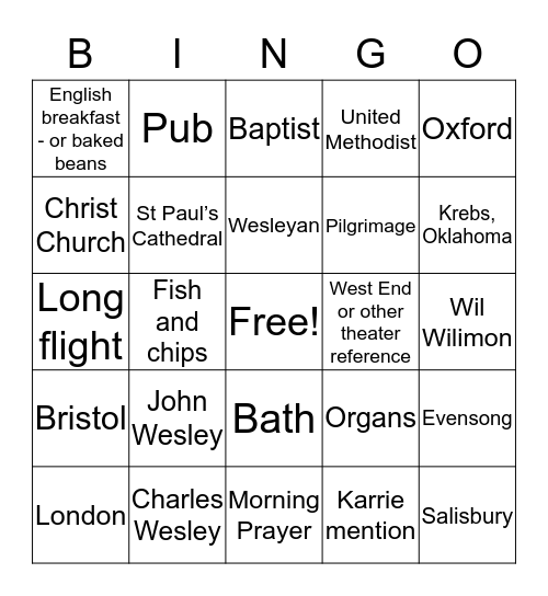 Rev JD Ward Returns from His Pilgrimage Bingo Card