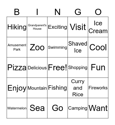 My Summer Vacation Bingo Card