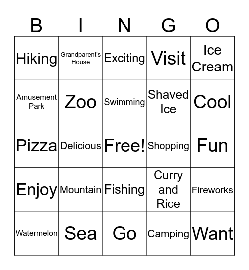 My Summer Vacation Bingo Card