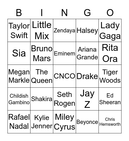 Celebrities! Bingo Card