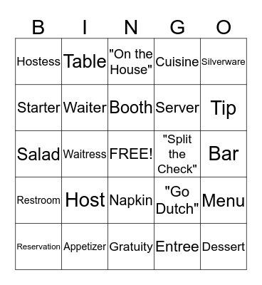 Restaurant Bingo Card