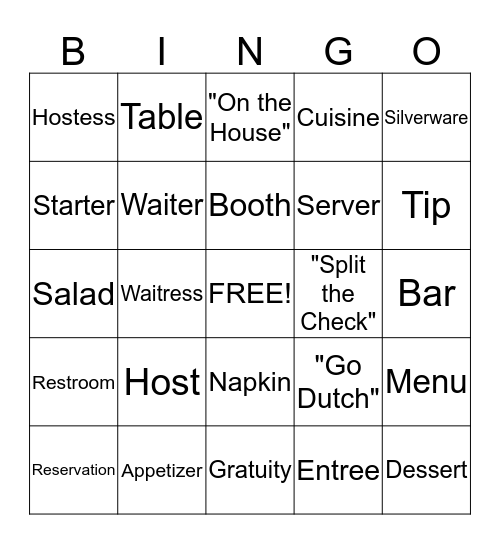 Restaurant Bingo Card