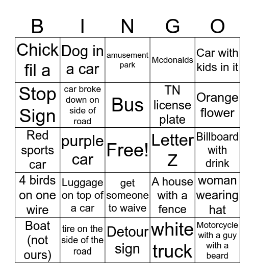 Hannah's Roadtrip Bingo Card