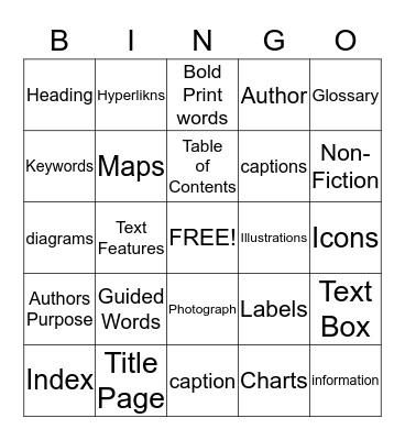 Non-Fiction Text Features Bingo Card
