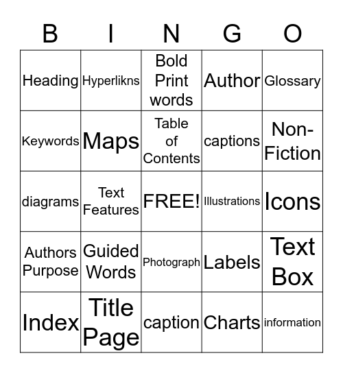 Non-Fiction Text Features Bingo Card