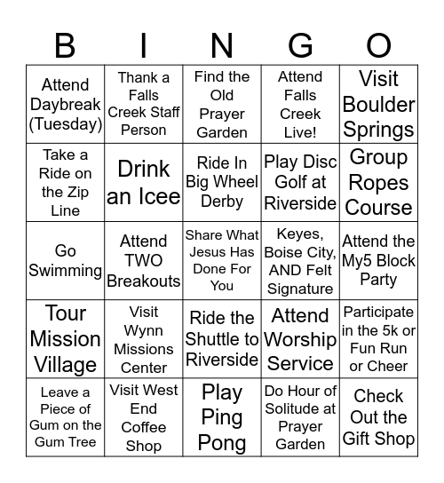 Falls Creek Bingo Card