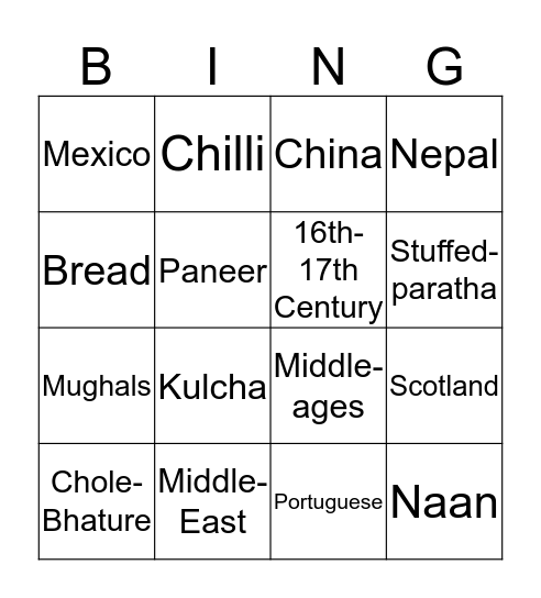 North Indian Cuisine Bingo Card