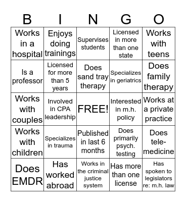 CPS Psychologist Bingo: Find someone who does each of these and have them sign their name in the space. First three winners get a prize! Bingo Card