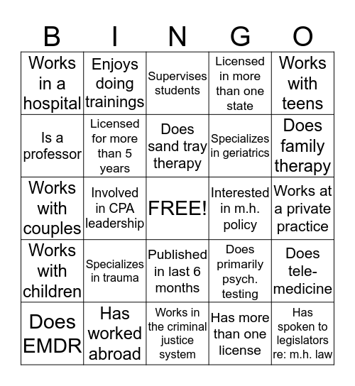 CPS Psychologist Bingo: Find someone who does each of these and have them sign their name in the space. First three winners get a prize! Bingo Card