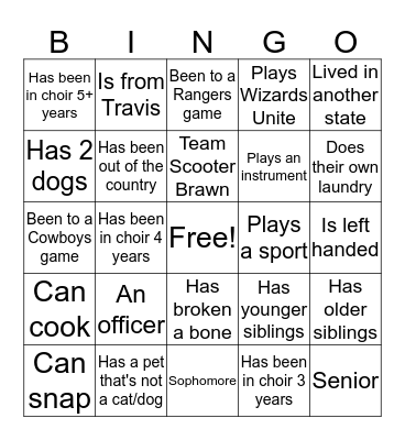 Choir Camp Bingo Card