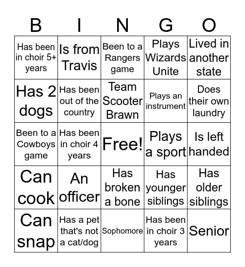 Choir Camp Bingo Card