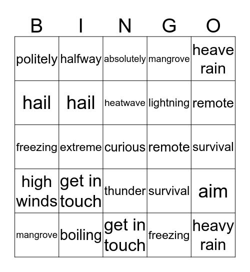 aim freezing lightning hail boiling thunder heatwave snowstorm heave rain high winds extreme mangrove curious survival remote get in touch essentials politely halfway absolutely Bingo Card