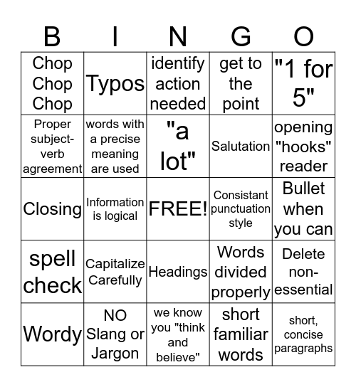 Grammer Bingo Card