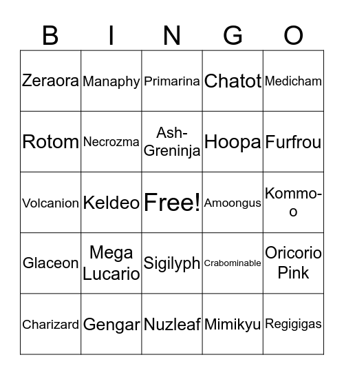 Least Favorite Pokemon Bingo Card