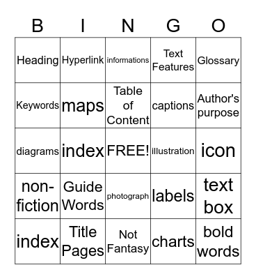 Non-Fiction Text Features Bingo Card