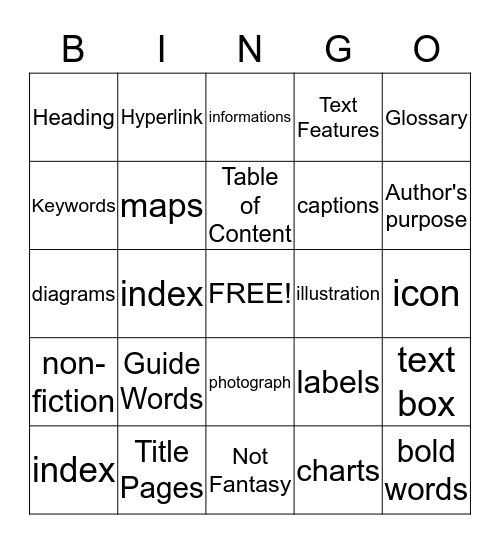 Non-Fiction Text Features Bingo Card