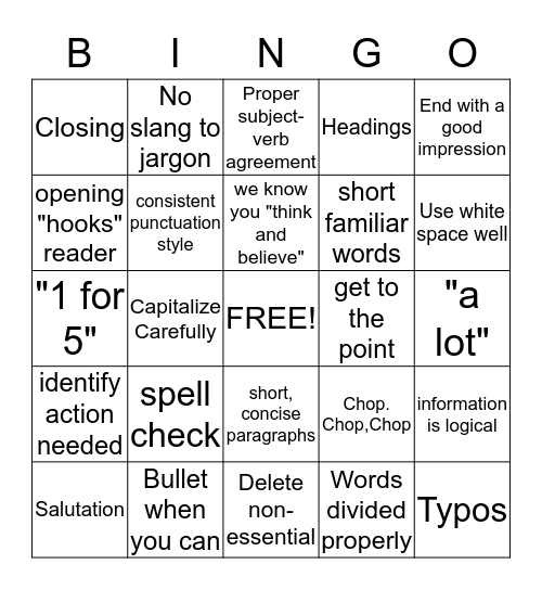 Grammar Bingo Card