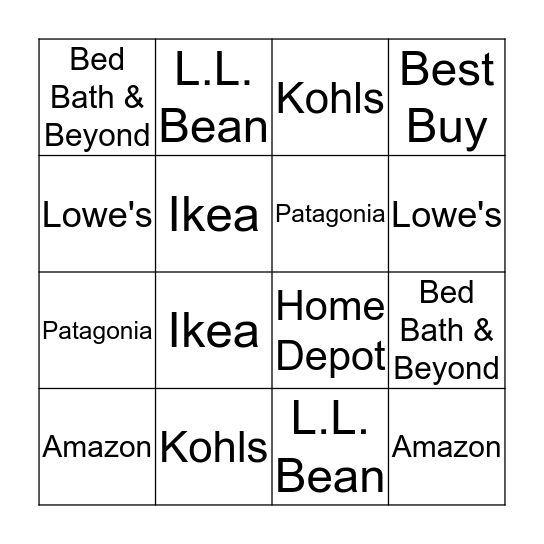 Gift Card Bingo Card