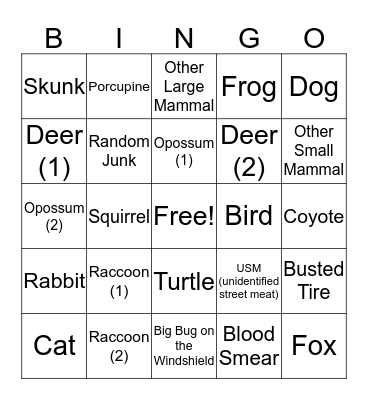 Roadkill Bingo Card