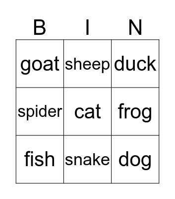 Animals Bingo Card