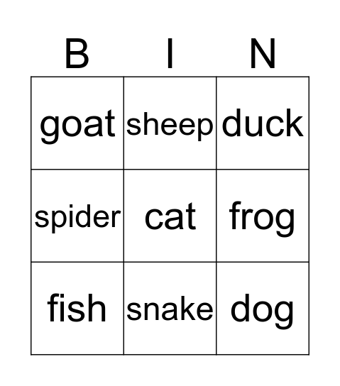 Animals Bingo Card