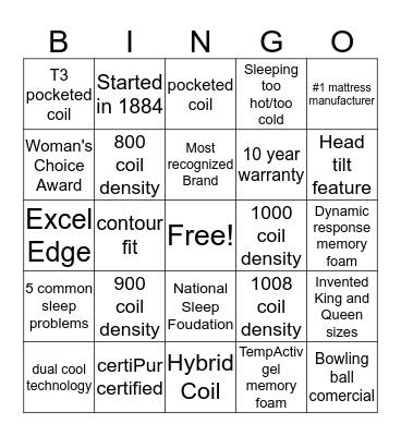 Serta Simmons Bingo Card