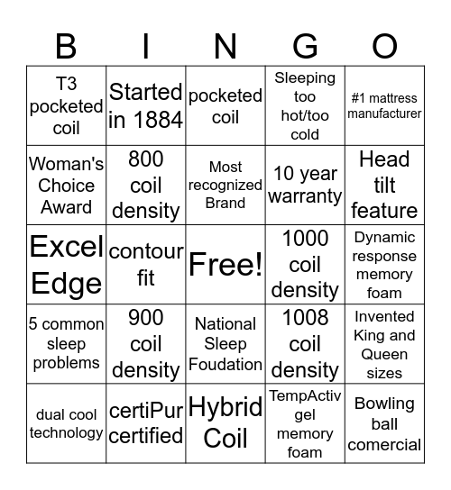 Serta Simmons Bingo Card