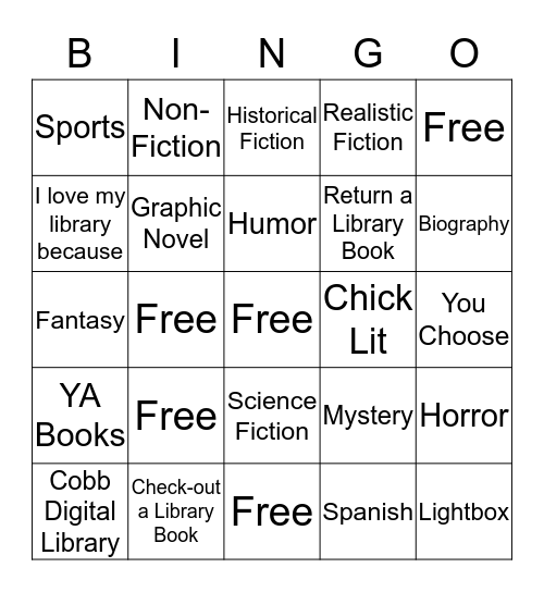 I Love My Library Genres Bingo Card