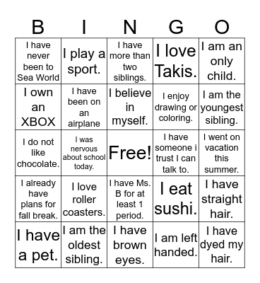 Back to School  2019-2020 Bingo Card