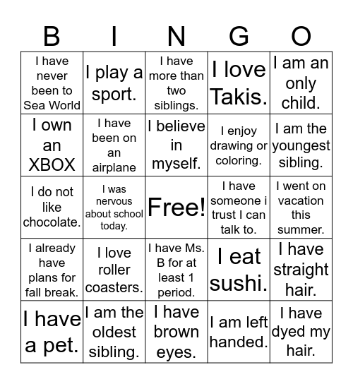 Back to School  2019-2020 Bingo Card