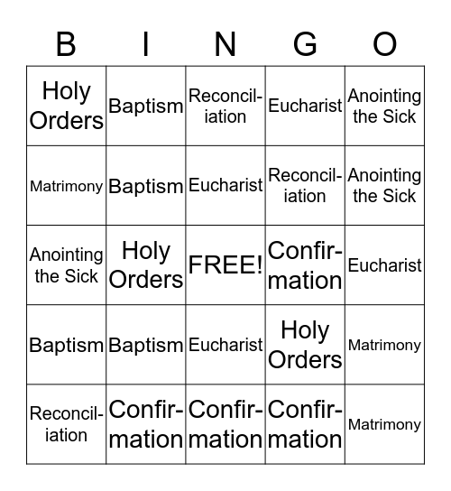 The Sacraments Bingo Card