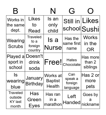 Orientation Bingo Card