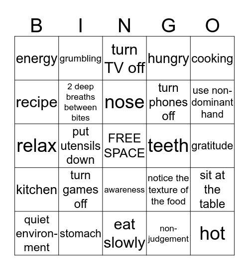 Mindful Eating BINGO Game Bingo Card