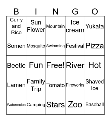 My Summer Vacation Bingo Card