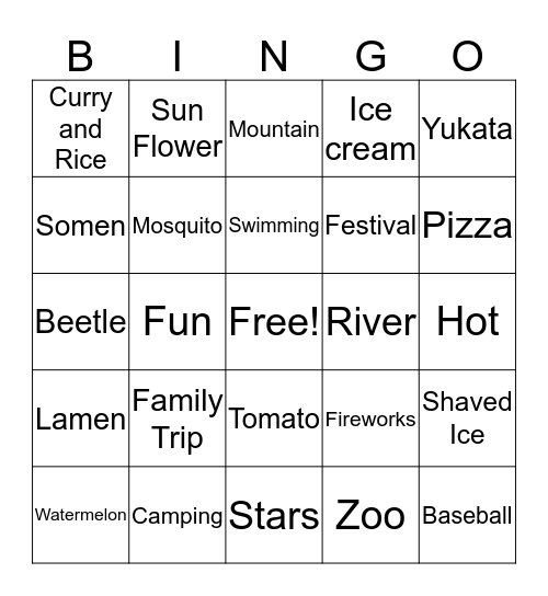 My Summer Vacation Bingo Card