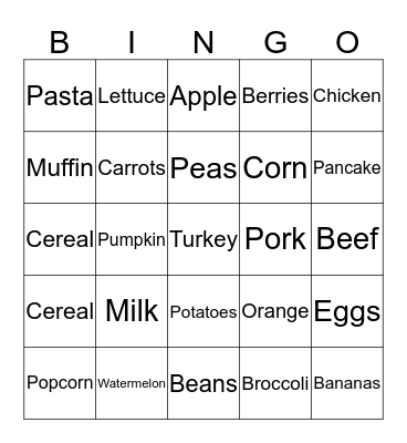 Nutrition Bingo Card