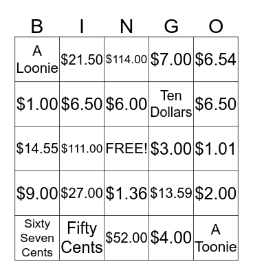 Money Bingo Card